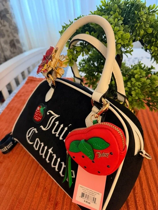 Juicy Couture Black Satchel with White Trim & Strawberry Charm - Picture 7 of 16